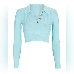 Anna October Light Blue Ribbed Knit Cropped Polo Top with Gold Buttons